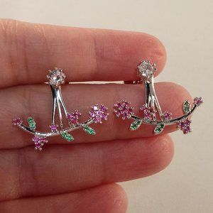 18K White Gold Filled Flower Leaf Rose Pink Diamond Zircon 2 Way Stud Earrings